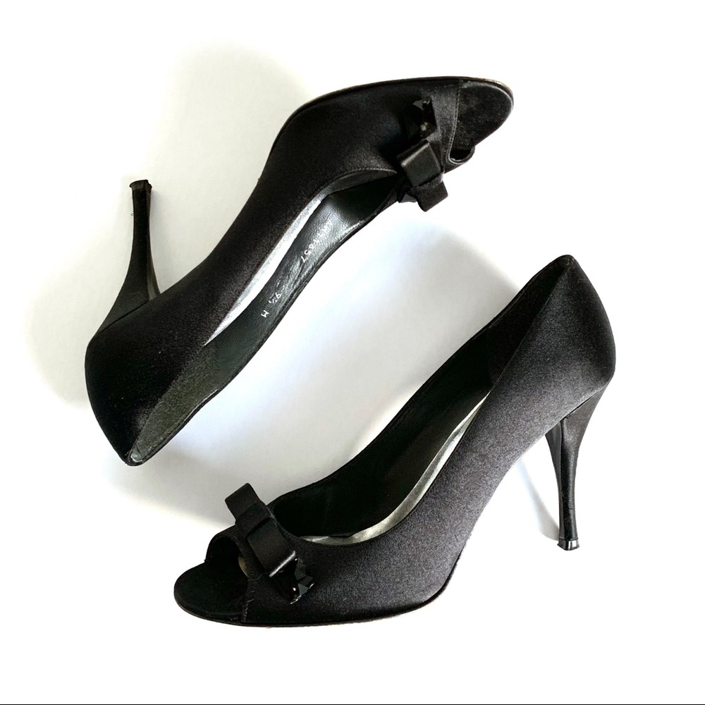 Stuart Weitzman black satin pumps heels with bow